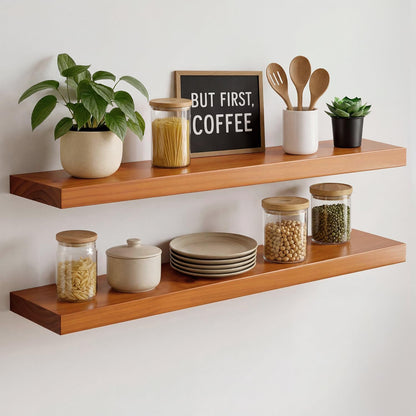 Homeforia 24 inch Natural Floating Shelf, High End Solid Real Wood 24inch Small Floating Shelves for Wall Mounted, Natural Wooden Floating Shelves, Heavy Duty Bracket, 24 X 6.5 X 1.75 in, Set of 2