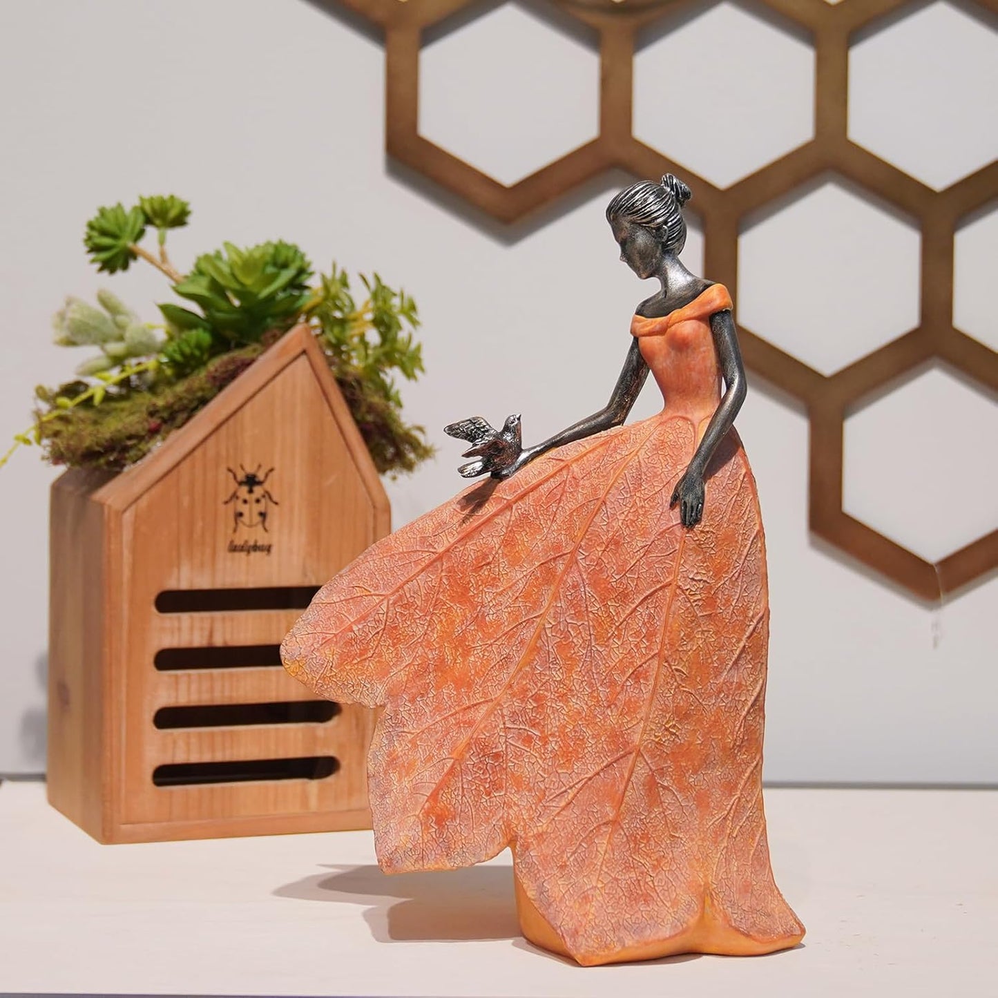 Guichifun Fairy Statue Collection Home Decoration - Leaf Angel Girls Resin Modern Table Decor for Living Room Office Sculpture Decor for Women Indoor Rustic Figurines Gift 5 x 3 x 7.5 Inch