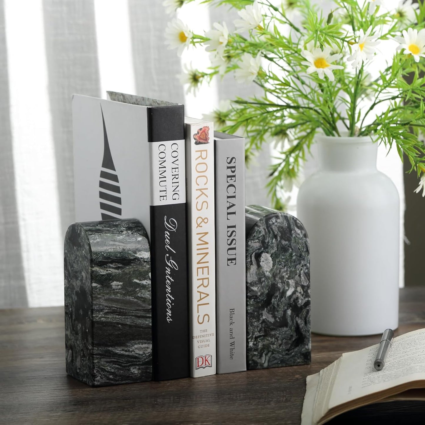 Koville African Natural Marble Bookends for Shelves, Non-Slip Book Ends, 13LBS Ultra Heavy Duty Marble Book Holder Organizer, Apartment Decor for Movies/CD/Video Games(Namib Fantasy)