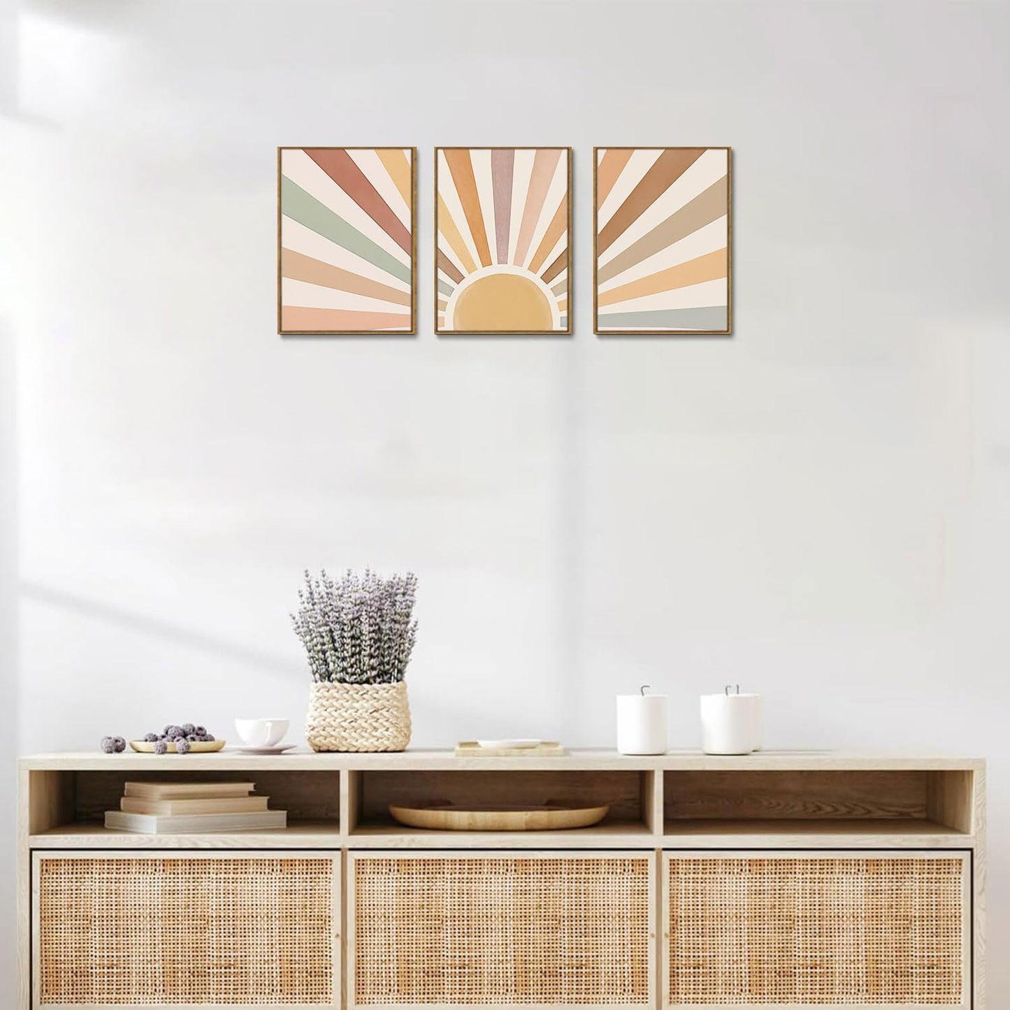 Bwodke Boho Wall Art, Framed Abstract Wall Art, Green Botanical Neutral Canvas Wall Decor, Large Mid Century Plant Pictures Set of 3, Modern Minimalist Paintings, for Bedroom Living Room Bathroom