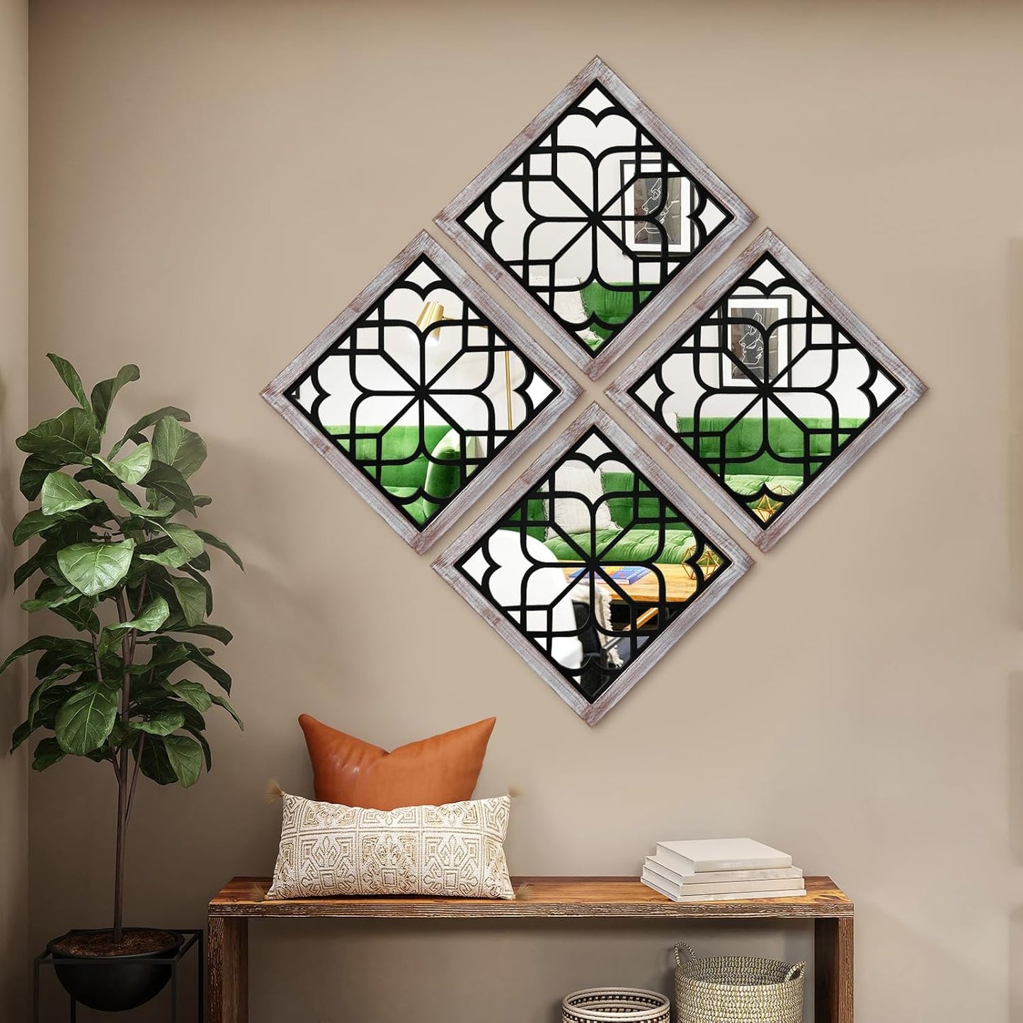ZEXUIRU 4 Set. Rustic Wall Mirrors for Bedroom Bathroom Living Room Entryway Wood Farmhouse Square Easy to Hang Framed Decorative Accent Hanging Wall-Mounted Mirror Set for Living Room - Black