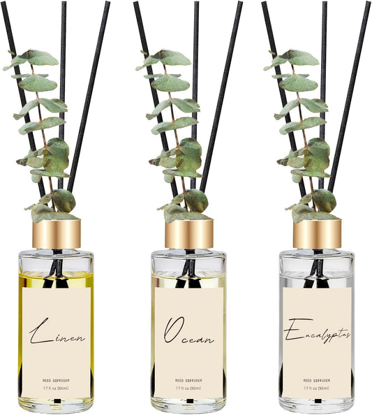 Reed Diffuser Set of 3, Eucalyptus, Linen & Ocean Scented Oil Diffusers with 15 Reeds, Long-Lasting Home Fragrance for Bedroom & Bathroom Decor, 1.7 fl oz Each, Total 5.1 oz