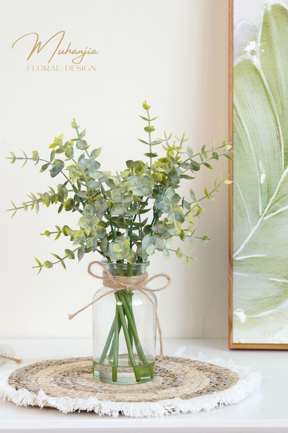 Muhanjia Artificial Eucalyptus Stems in Glass Vase with Faux Water,3Pcs Fake Plant with Double-Sided Green Leaves for Centerpiece(Double-Sided Green Eucalyptus)