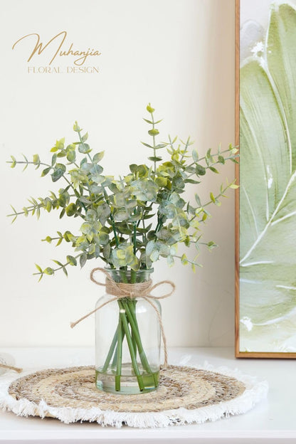 Muhanjia Artificial Eucalyptus Stems in Glass Vase with Faux Water,3Pcs Fake Plant with Double-Sided Green Leaves for Centerpiece(Double-Sided Green Eucalyptus)
