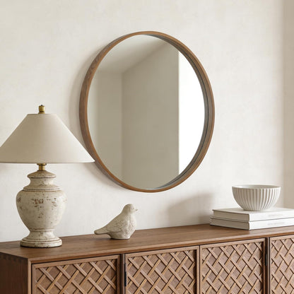 WallBeyond Wood Round Mirror with Wood Frame 24 inch Circle Wall Mirror for Bathroom Round Wall Mirror for Wall Decor, Vanity, Entryway Living Room (Walnut)