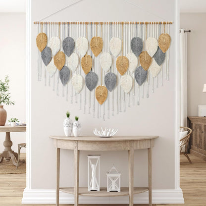 KHOYIME Large Macrame Wall Hanging Boho Woven Tapestry, Chic Home Decor Modern Bohemian Handmade Leaf Feather Wall Art Decorations for Apartment Dorm Living Room Bedroom Nursery Backdrop 39"W X 29.5"L