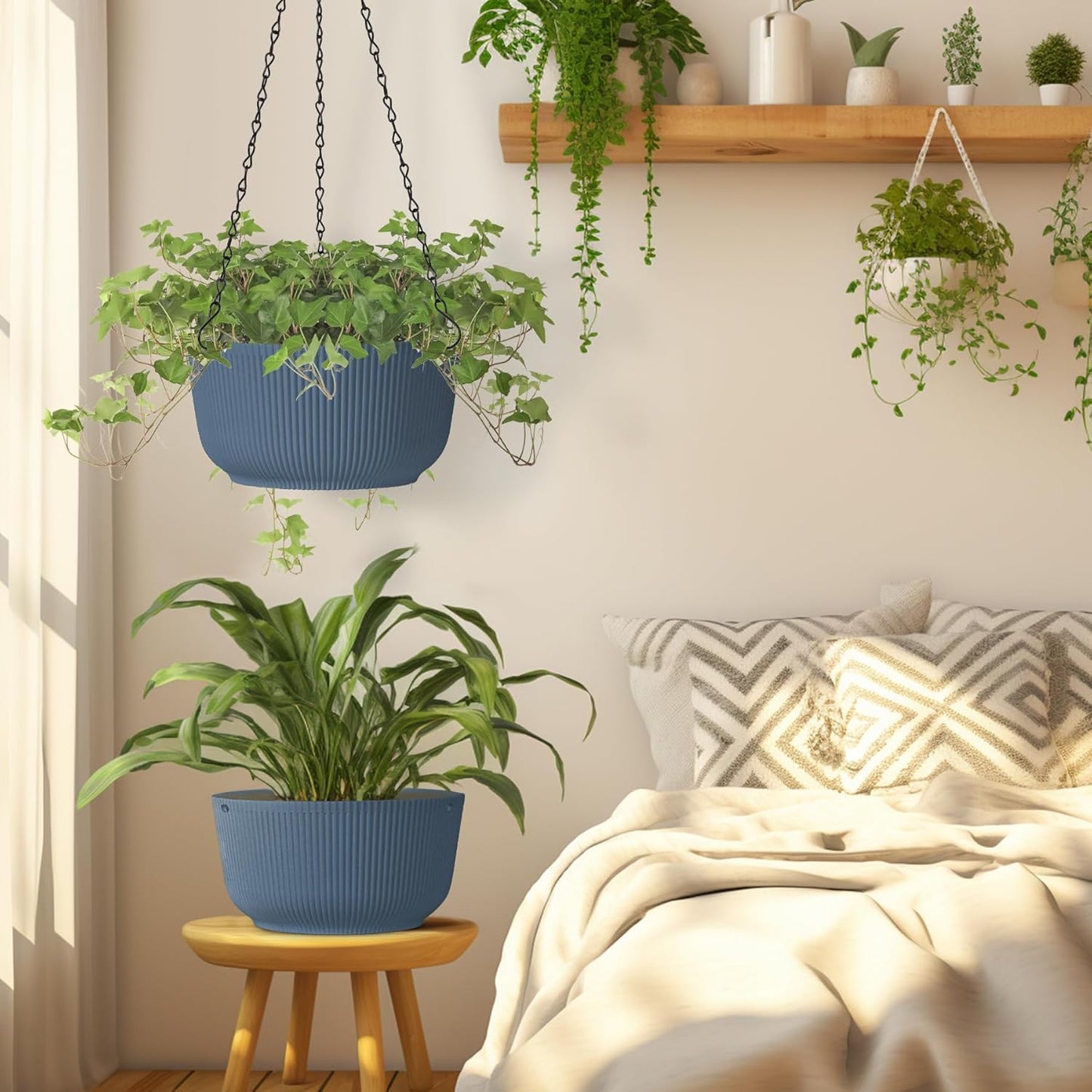 T4U 10 Inch Hanging Planters for Indoor Plants, 2 Pack White Self Watering Hanging Plant Pot, Hanging Pots Set with Drainage Hole & Plug & Chain with 3 Hooks for Garden Home Decor