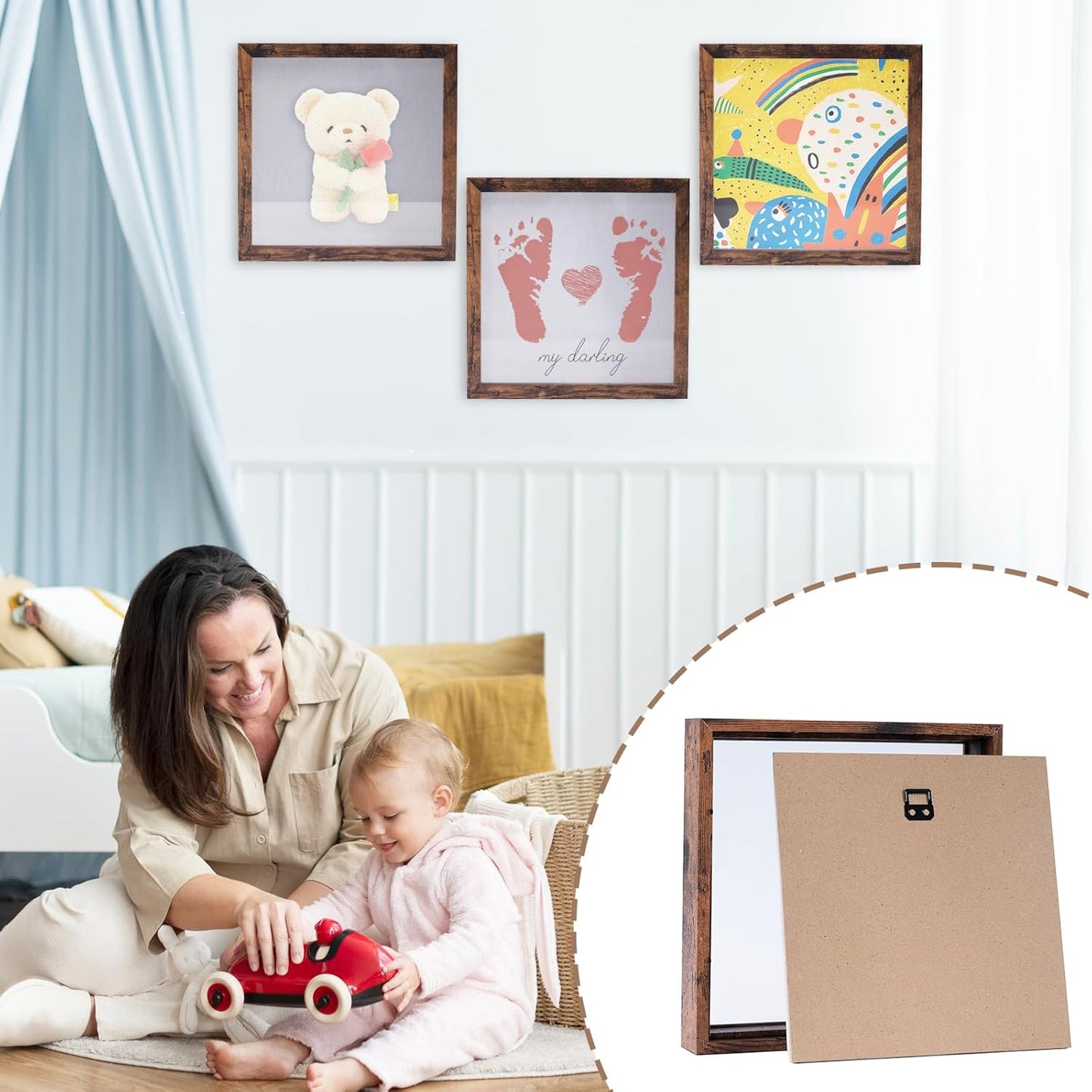 Muzilife 8x8 Shadow Box Picture Frame with Linen Board - Deep Wood & Glass Display Case Ready to Hang Memory Box Baby Sports Memorabilia, Pins, Awards, Medals, Wedding, Tickets and Photos (Black)