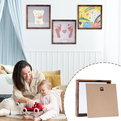 Muzilife 8x8 Shadow Box Picture Frame with Linen Board - Deep Wood & Glass Display Case Ready to Hang Memory Box Baby Sports Memorabilia, Pins, Awards, Medals, Wedding, Tickets and Photos (Black)