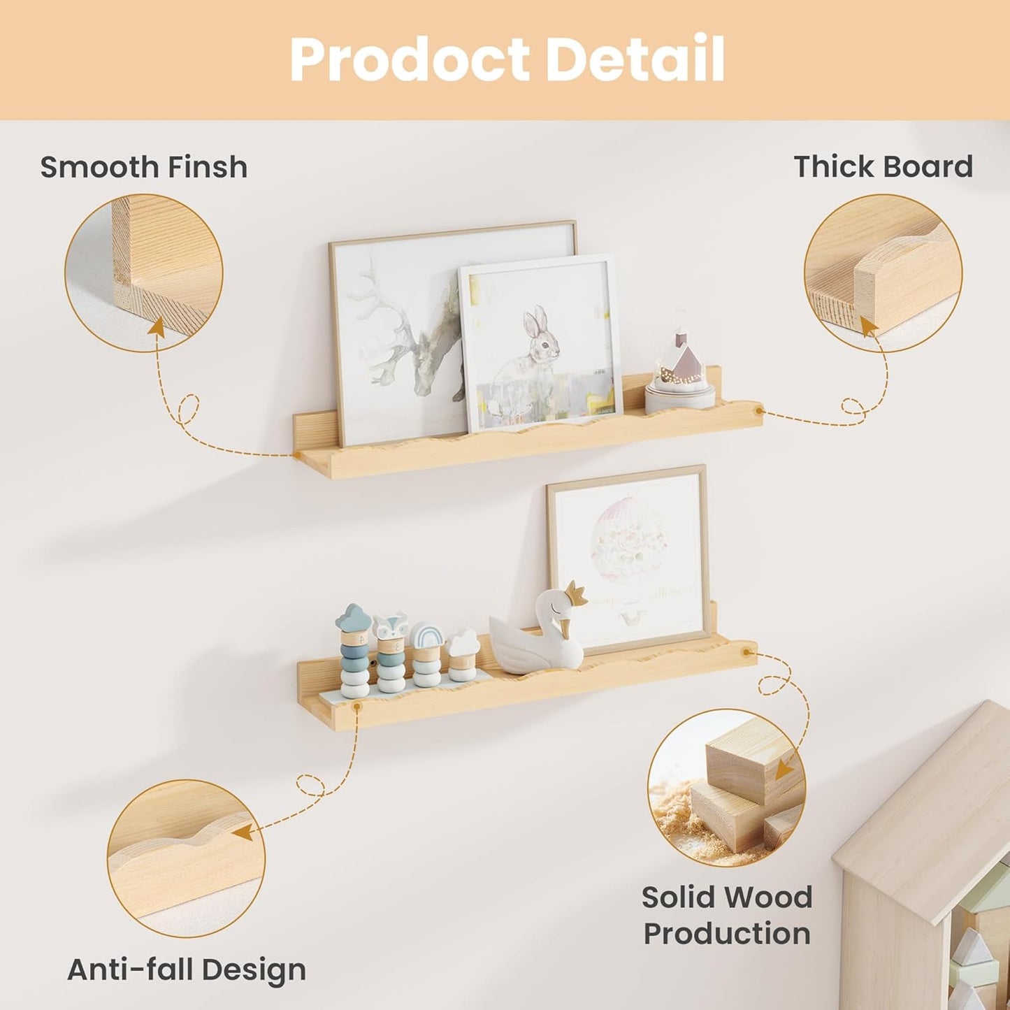 Fun Memories Picture Ledge Shelf for Wall, 24 inch Pine Wood Nursery Book Shelves Set of 2- Wall Book Shelves for Kids Room, Home Decor - Kitchen Spice-White