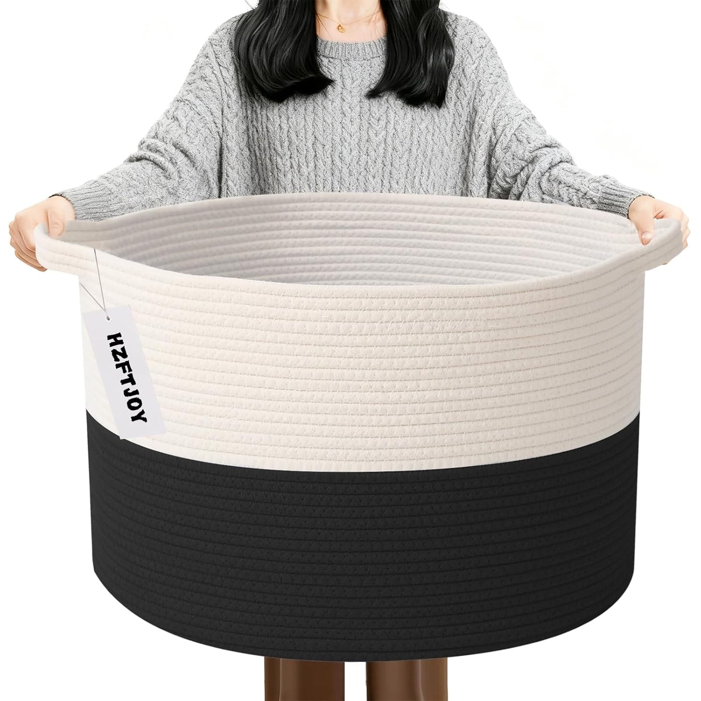 Large Woven Blanket Basket,65L Cotton Rope Laundry Basket Hamper with Handles, Decorative Nursery Basket Storage Bin for Toys, Clothes Organizer, Living Room, Bedroom, Bathroom, White & Brown