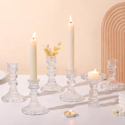 DARJEN 6Pcs Gold Candlestick Holders Set - 4" H & 5" H Striped Taper Candle Holders Bulk, Glass Candle Holders for Wedding, Festival, Party, Table Centerpiece, Gifts