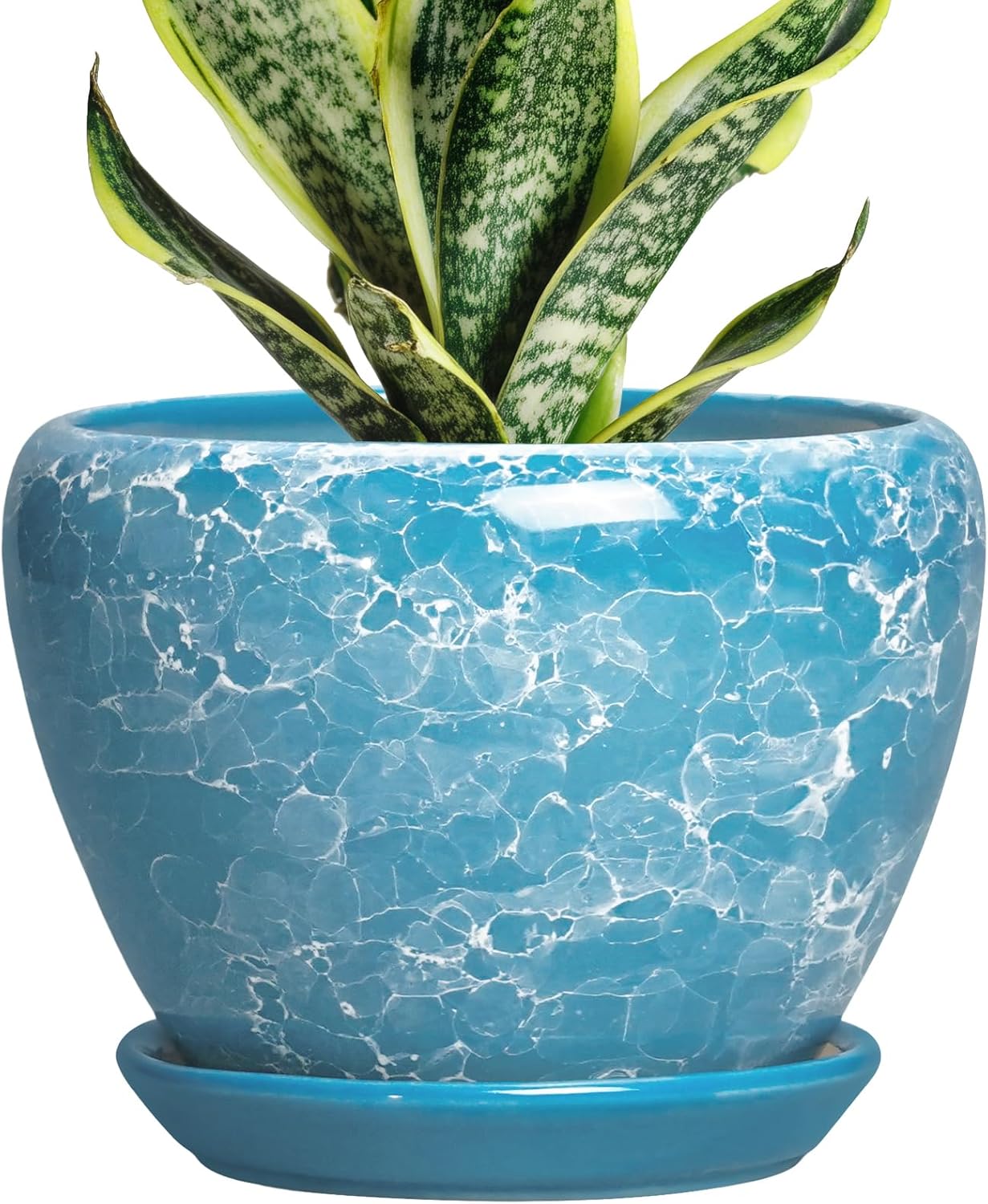 6 Inch Plant Pot - Ceramic Pots for Plants with Drainage Hole and Saucer, Round Succulent Planter Indoor Outdoor, Modern Flower Pot for Snake Plants, Home Decor, Gifts for Plant Lover, Blue