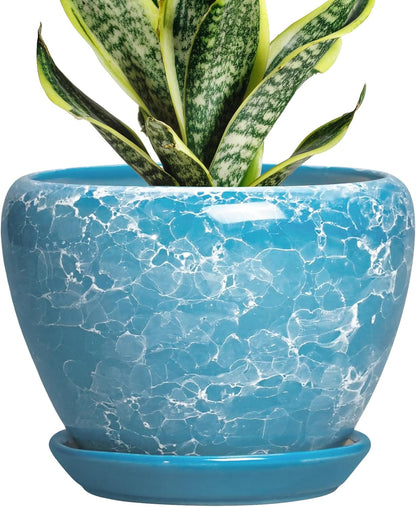 6 Inch Plant Pot - Ceramic Pots for Plants with Drainage Hole and Saucer, Round Succulent Planter Indoor Outdoor, Modern Flower Pot for Snake Plants, Home Decor, Gifts for Plant Lover, Blue