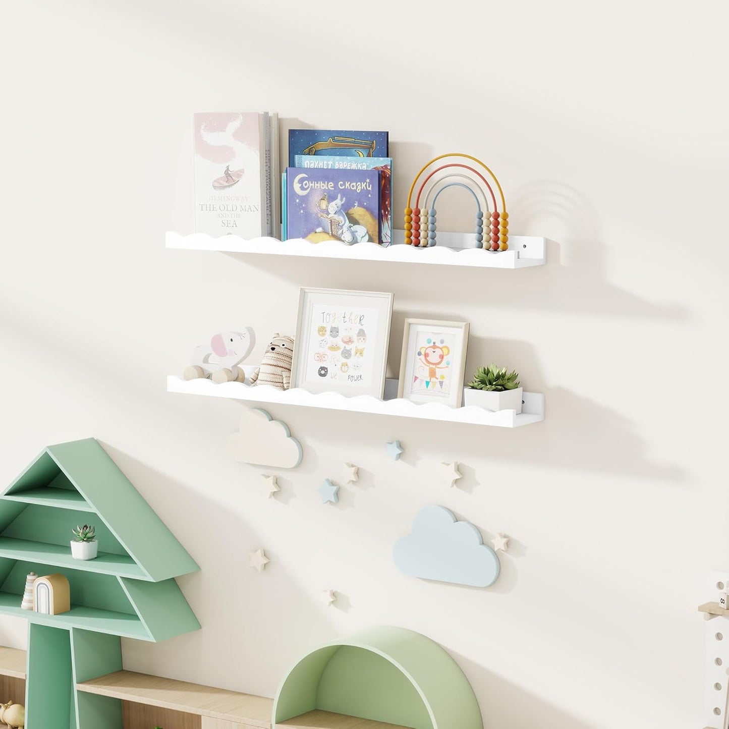 Fun Memories Picture Ledge Shelf for Wall, 24 inch Pine Wood Nursery Book Shelves Set of 2- Wall Book Shelves for Kids Room, Home Decor - Kitchen Spice-White