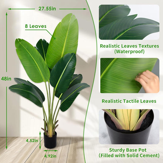 Artificial Bird of Paradise Plant 5.2Ft Fake Tropical Palm Tree with 10Trunks Faux Banana Leaf Trees in Pot for Home Indoor Outdoor Office Modern Decor Housewarming Gift（1Pcs）