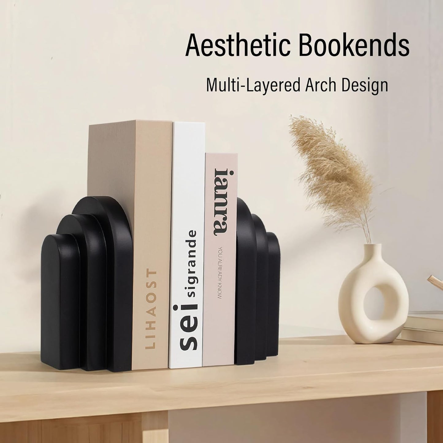 LIN CHUAN Heavy Duty Bookends for Shelves, 6.6 LBS Heavy Book Ends for Heavy Books, Decorative Modern Bookends with Faux Sandstone Look, Layered Arch Book Stopper for Bookshelf Holder Set of 2, Beige