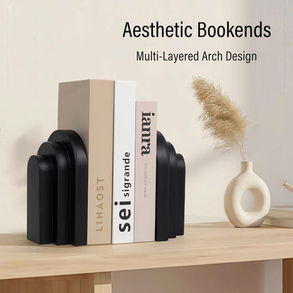 LIN CHUAN Heavy Duty Bookends for Shelves, 6.6 LBS Heavy Book Ends for Heavy Books, Decorative Modern Bookends with Faux Sandstone Look, Layered Arch Book Stopper for Bookshelf Holder Set of 2, Beige
