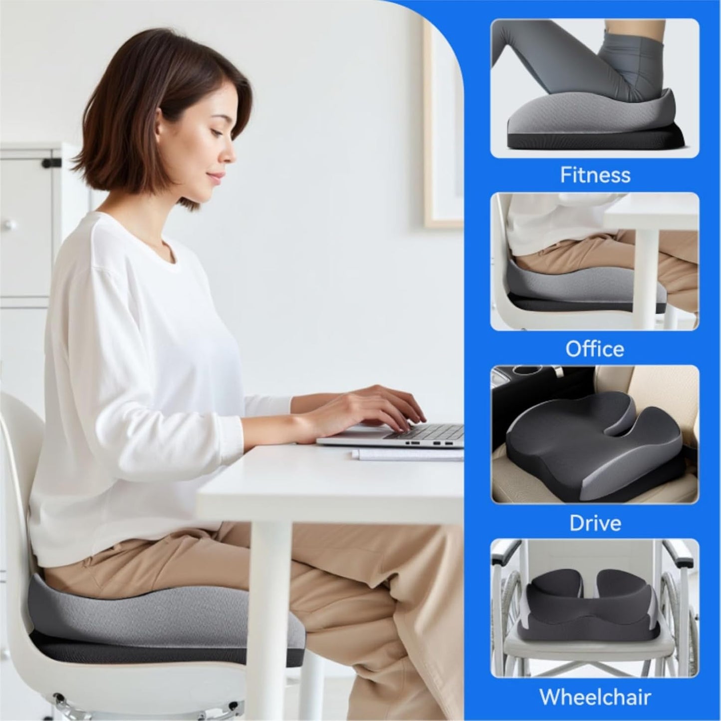 Seat Cushions for Office Chairs Wheelchair Cushion for Long Sitting Back Pain，Memory Foam Seat Car Computer Desk Chair Cushion，Coccyx Cushion for Tailbone Pain Relief Cushion Office Chair Black