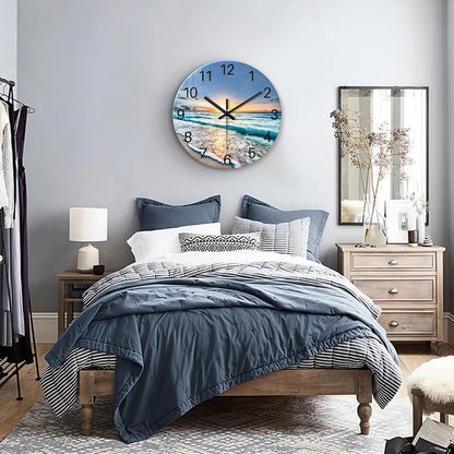 Beach Wall Clock Battery Operated 12 Inch Glass Wall Clock Non Ticking Analog Blue Wall Clocks for Bedroom Living Room Office Decor