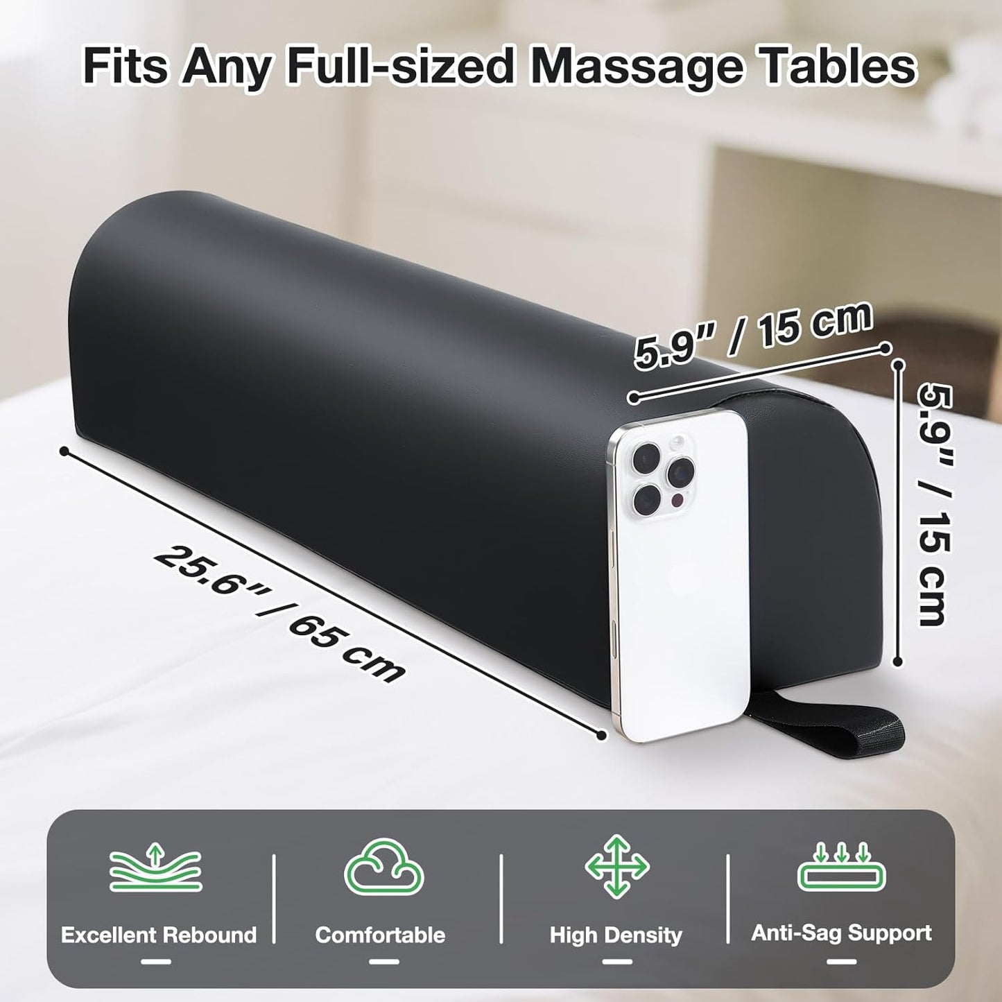 Noverlife 3/4 Round Massage Table Bolster Pillow with Strap Handle, 26 x 6 x 6 in PU Leather Massage Bolster for Under Legs, Cozy Positioning Support Pad for Knee Neck Back Pain Relief - Black