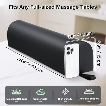 Noverlife 3/4 Round Massage Table Bolster Pillow with Strap Handle, 26 x 6 x 6 in PU Leather Massage Bolster for Under Legs, Cozy Positioning Support Pad for Knee Neck Back Pain Relief - Black