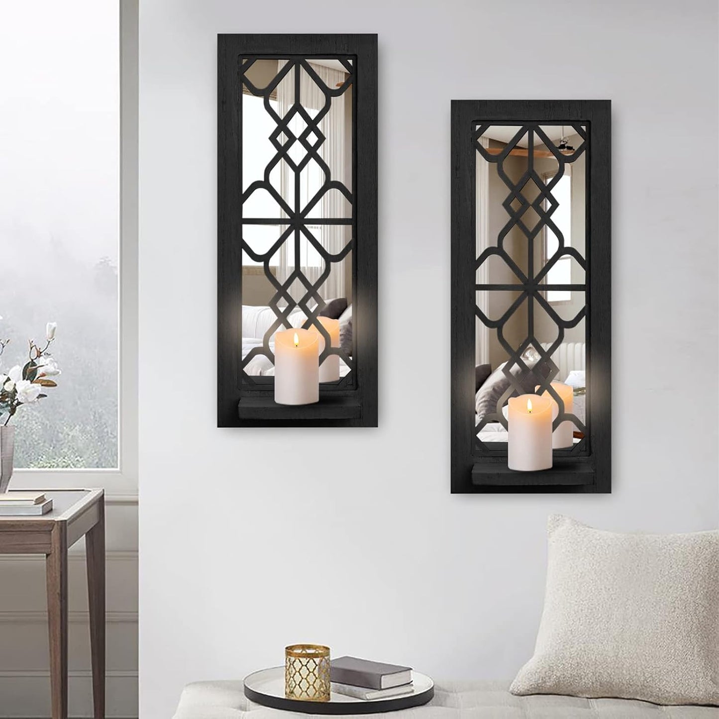 Wood Wall Sconce Candle Holder Set 2, Rustic Wall-Mount Candle Holders, Farmhouse Hanging Wall Décor, Carved Wood Frame, Mirrored Candle Holder (Distressed White)