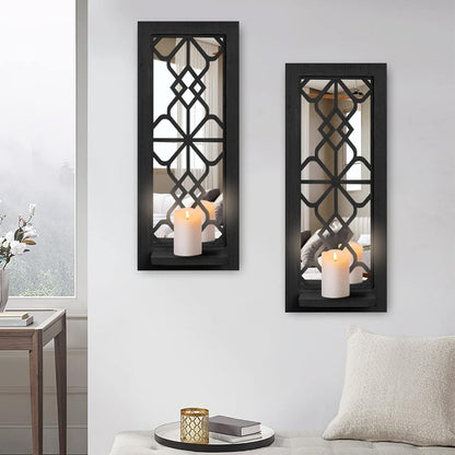 Wood Wall Sconce Candle Holder Set 2, Rustic Wall-Mount Candle Holders, Farmhouse Hanging Wall Décor, Carved Wood Frame, Mirrored Candle Holder (Distressed White)
