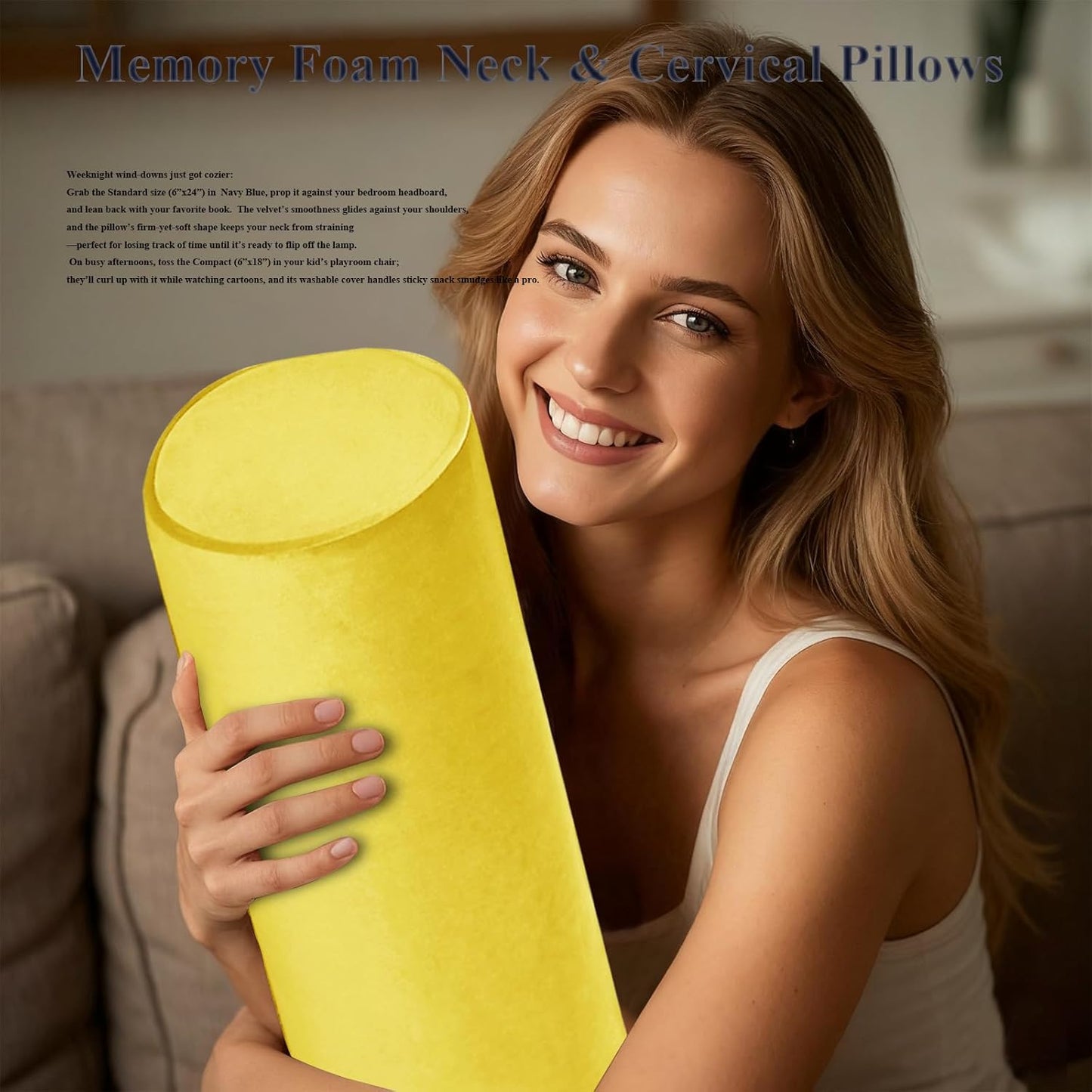 Tinbolunce Memory Foam Roll Pillow for Knee/Leg/Neck - Full Moon Bolster/Round Cylinder Pillow for Sleeping on Side or Back - Removable Cooling Cover Length 18" x 6" Diameter (Navy Blue)