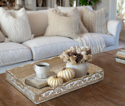 Hand Carved Wooden Serving Tray - Decorative Breakfast Tray with Handles - Rustic Wooden Food Tray with Intricate Detail - Unique Furnishing Accent - Natural Finish - 17 x 13 x 2.5 Inch - COTTON CRAFT