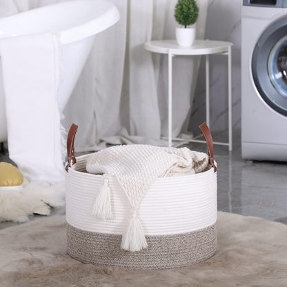 KAKAMAY Large Blanket Basket (20"x13"),Woven Baskets for storage Baby Laundry Hamper, Cotton Rope Blanket Basket for Living Room, Laundry, Nursery, Pillows, Baby Toy chest (White/Brown)