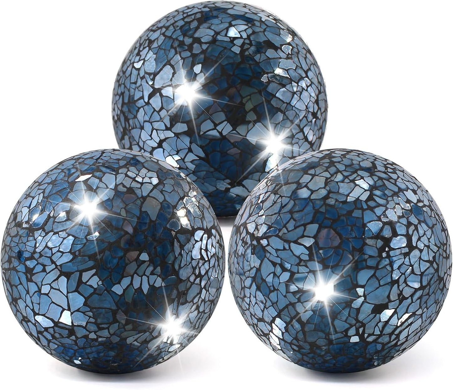 3Pcs Mosaic Glass Orbs Decorative Balls Set 8.5cm/3.35inch Blue Sphere Wedding Party Home Decor Table Centerpiece