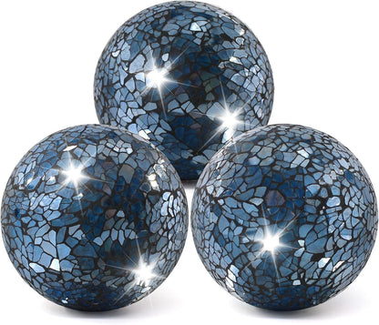 3Pcs Mosaic Glass Orbs Decorative Balls Set 8.5cm/3.35inch Blue Sphere Wedding Party Home Decor Table Centerpiece