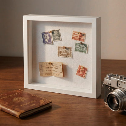 8x8 Shadow Box Frame | Soft Linen Back & Push Pins Included, Polystyrene Glass Memory Display Case for Flowers, Tickets & Cherished 3D Items, White