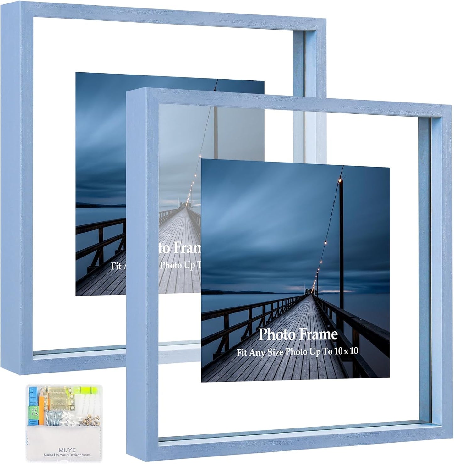 MUYE 11x14 Floating Frame Set of 2,Double Glass Rustic Frame,Display Any Size Photo up to 11x14,Wall Mount or Tabletop Standing,Natural