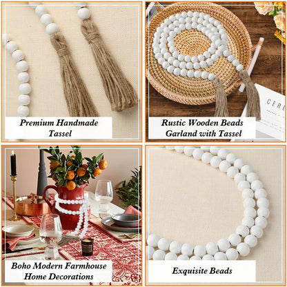 Wood Bead Garland 58 Inch Nature Wooden Beads for Boho Farmhouse Table Home Decor with Tassel, Wooden Prayer Bead, Rustic Country Boho Wall Hanging Decor for Kitchen Modern Living Room Tray Vase Shelf