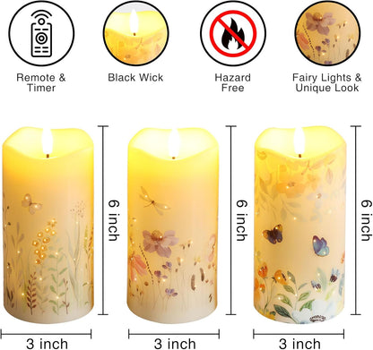 Eywamage Fiber Optic Flameless Pillar Candles with Remote Set of 3, Butterfly Floral Spring LED Candles Battery Operated Gift Φ 3" H 6"