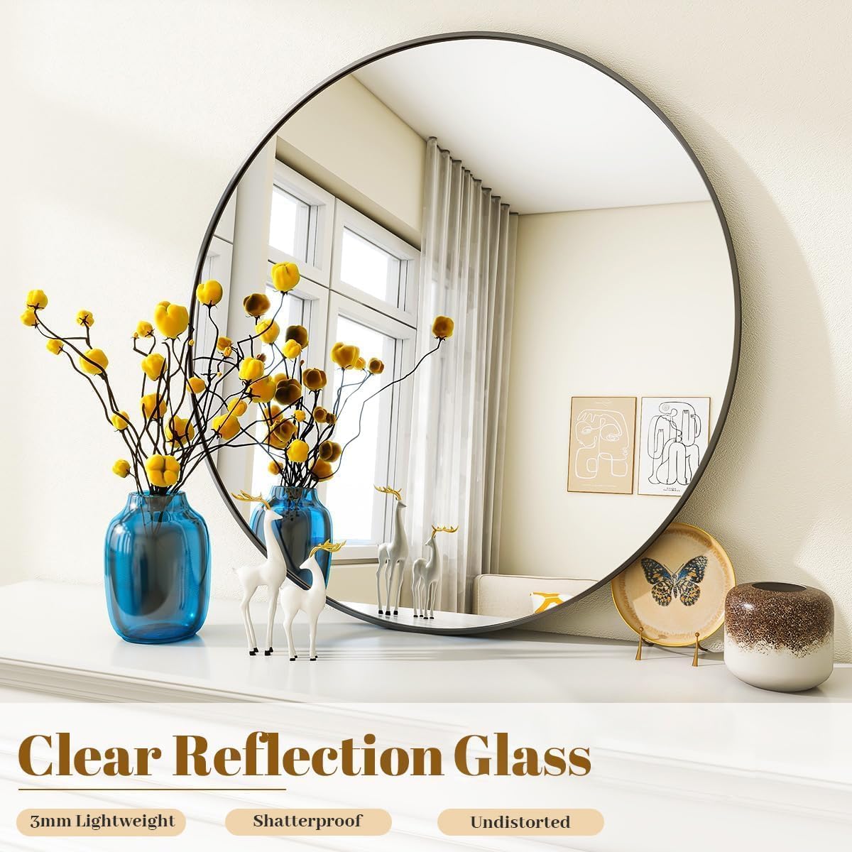 VooBang Large Black Round Bathroom Mirror, 48 inch Circle Wall Mounted Hanging Mirror with Simple Modern Circular Metal Frame for Hallway, Entryway, Living Room, Black Frame