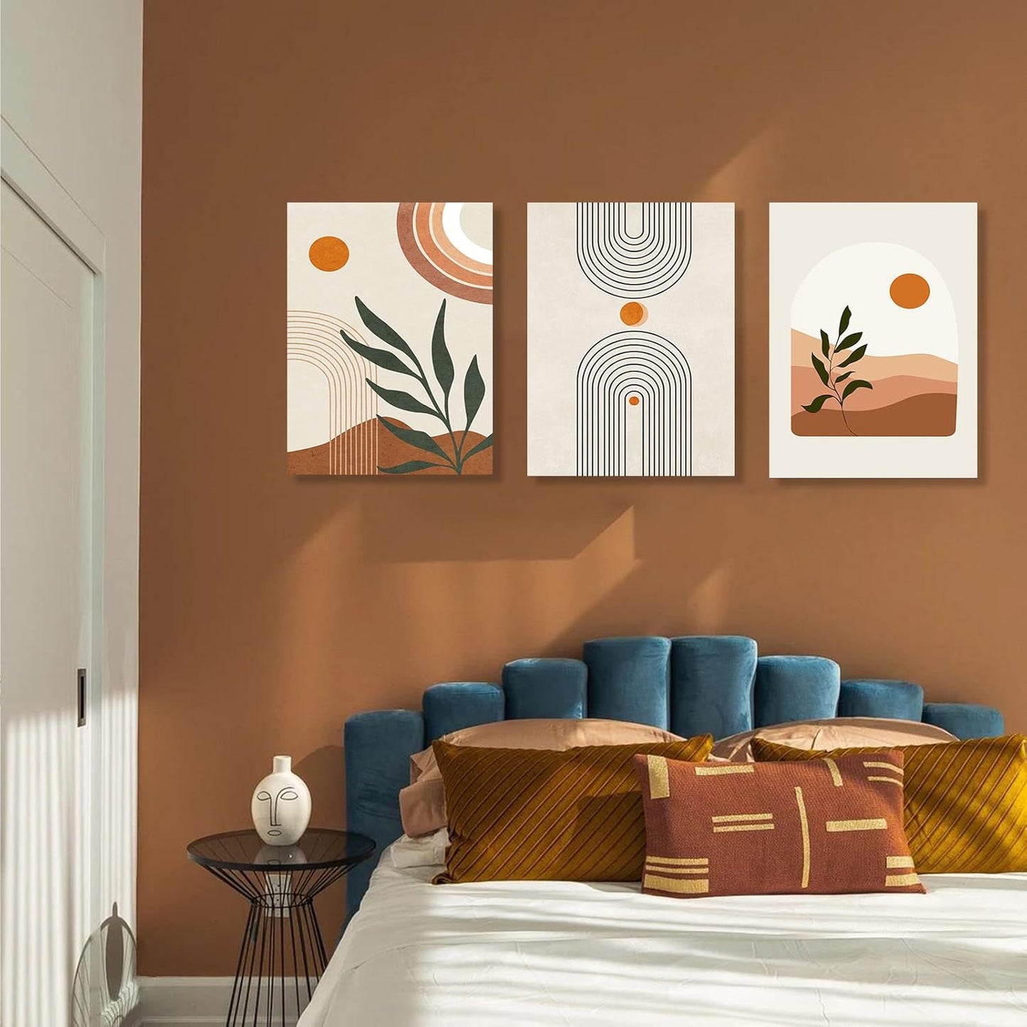 Sage Green Boho Wall Art Set of 3, Minimalist Framed Wall Art Geometric Line Leaf Sun Moon Beige Green Canvas Artwork Paintings, Abstract Botanical Boho Room Decor, Office, 12"x16"