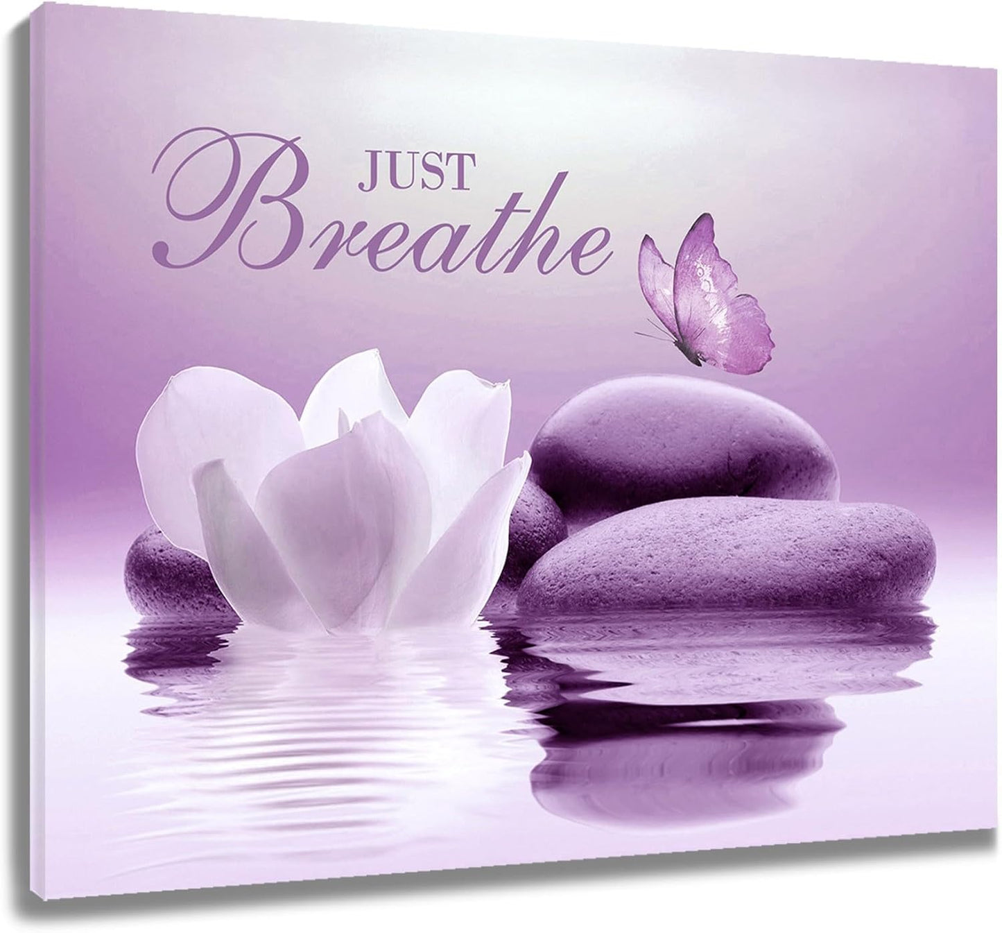 EOBTAIN Zen Flower Canvas Wall Art Bathroom Butterfly and Water Lily Stone Relaxing Spiritual Yoga Framed Wall Art Just Breathe Pictures Canvas Wall Decor for Living Room Bedroom,12x16 Inches