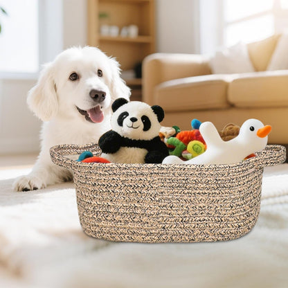 ABenkle Small Basket with Handles, Boho Decorative Rope Woven Dog Cat Toy Storage Bin Shelf Storage Organizer, Easter Christmas Gift Basket, 12"x8"x5", White