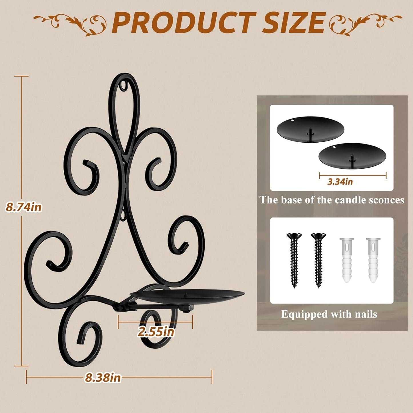 Wall Candle Sconces Set of 2, Double Scroll Pattern Candle Sconces, Metal Wall Candle Holder for Home Decor, Living Room, Dining Room, Bedroom, Black, Gifts for Men Women Mom or Dad