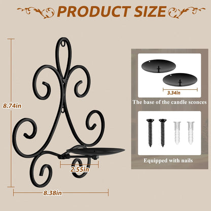 Wall Candle Sconces Set of 2, Double Scroll Pattern Candle Sconces, Metal Wall Candle Holder for Home Decor, Living Room, Dining Room, Bedroom, Black, Gifts for Men Women Mom or Dad