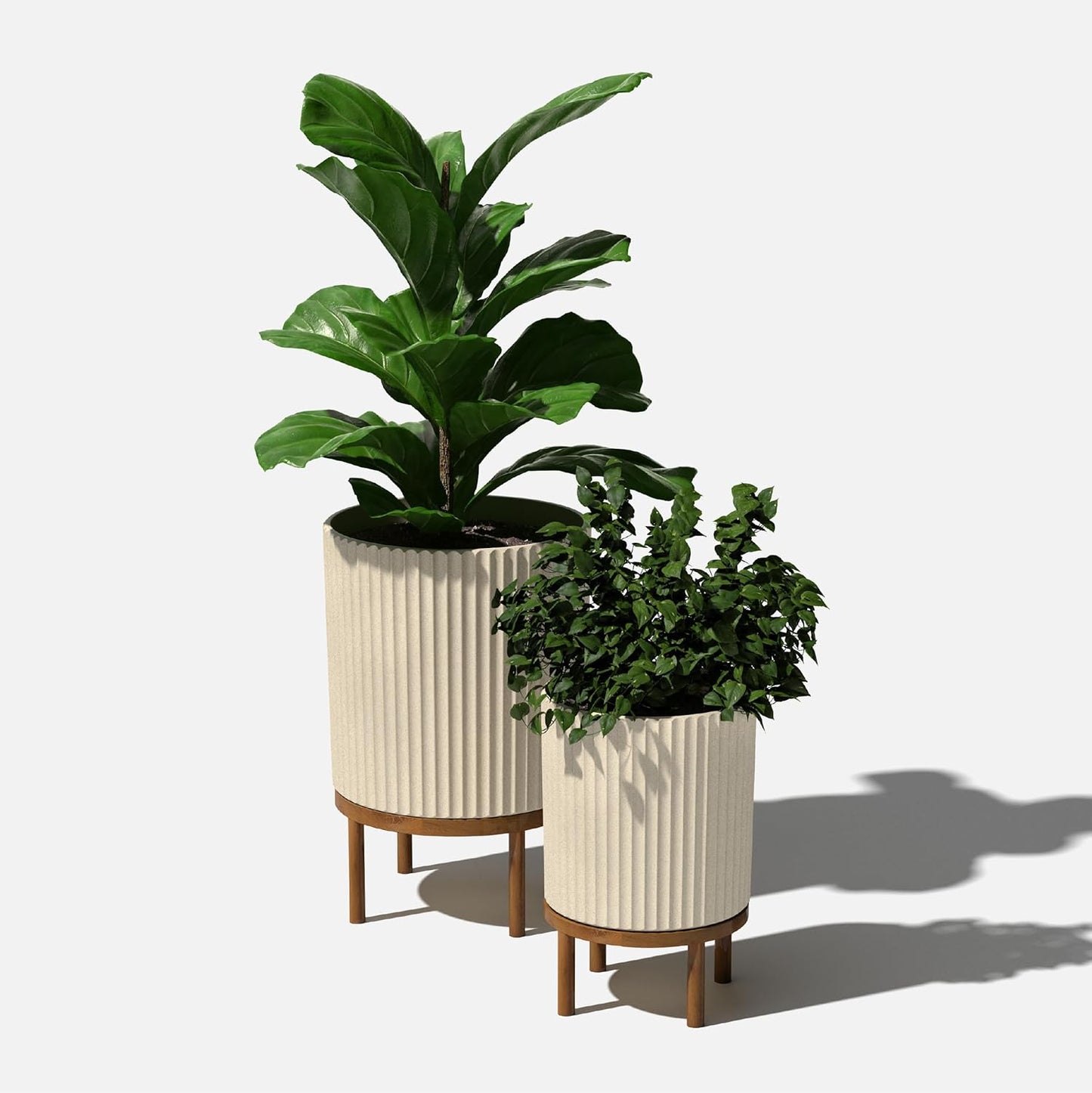 Veradek Demi Series Round Planter w/ Stand for Porch/Patio | Durable Plastic-Concrete & Wooden Stand | Modern Décor for Tall Plants, Flowers