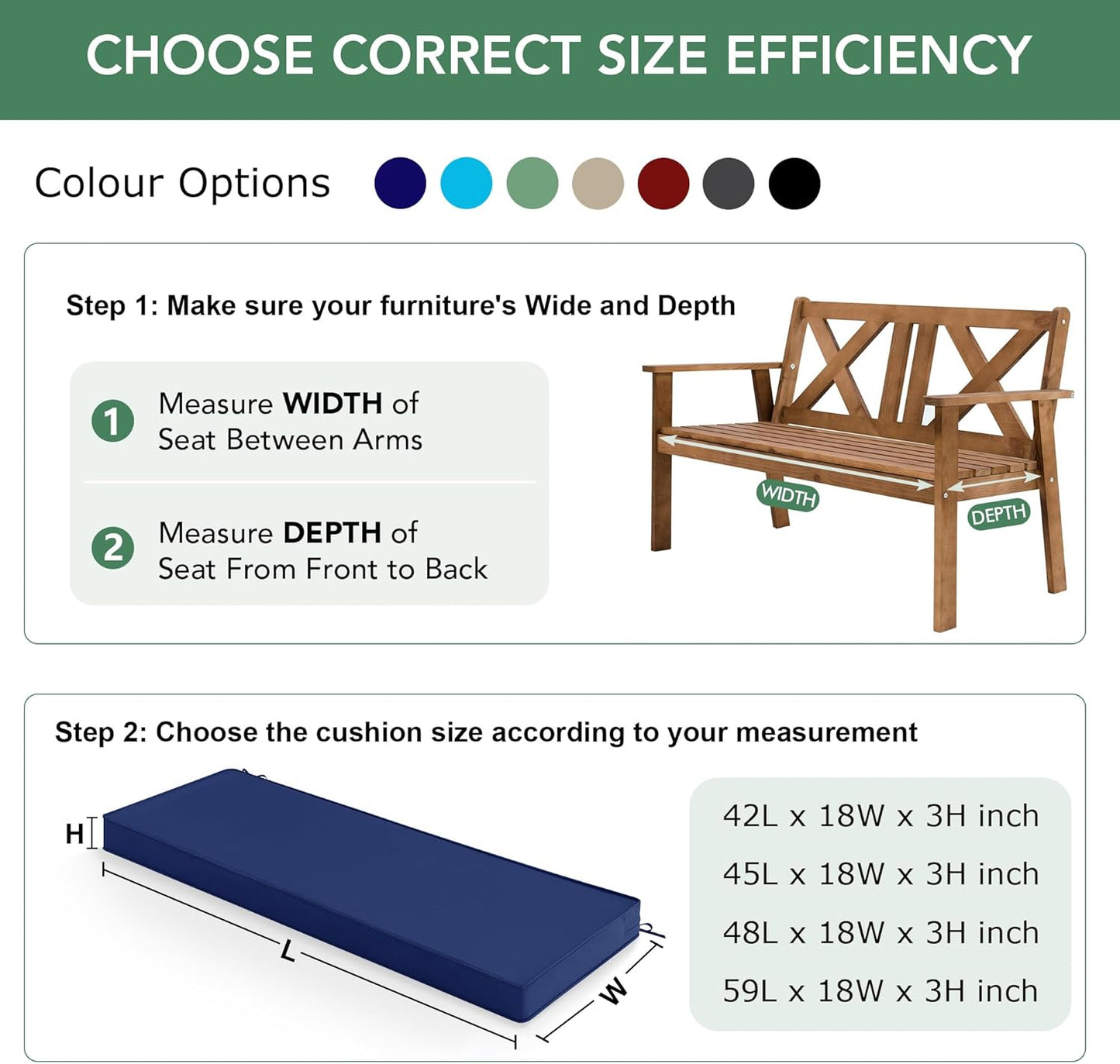 Summsun Outdoor Bench Cushion: Waterproof and Fade Resistant Patio Furniture Cushions - Non-Slip Bench Pad Cushion with Removable Cover for Garden Swing Porch Sofa Settee, 48 x 18 x 3 Inch, Black