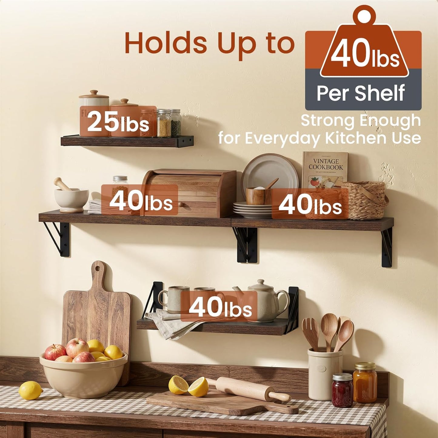 BAYKA Wall Mounted Floating Bathroom Shelves, Wood Wall Shelf for Bathroom Essentials & Decor, Space-Saving Display & Organizer (Black, Set of 4)