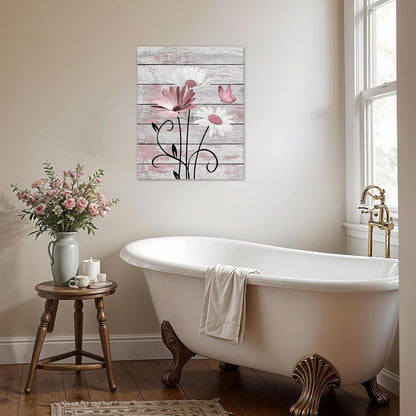 HVEST Farmhouse Floral Wall Art for Living Room, Blue and White Daisy Flower and Butterfly on Rustic Wood Board Canvas Wall Art Framed Artwork Ready to Hang for Bathroom Bedroom Decor, 16L X 12W