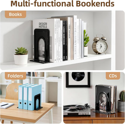 HappyHapi Book Ends, Metal Bookends for Shelves, Non-Skid Book End to Hold Books, Black Book Stopper/Holder for Office Home Kitchen, 5.7X 4.9 X 6.5 in, 3 Pair(6 Pcs, Large)