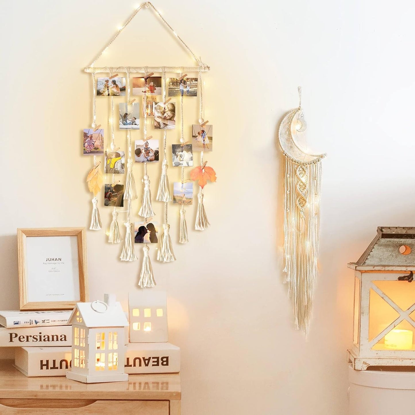Homecor Hanging Photo Display Wall Decor, Macrame Wall Hanging Boho Room Bedroom Decor, Picture Frame Collage Board with Light 30 Clip, Christmas Teenage Teen Girl Gifts Ages 10 11 12 13 14 Years Old