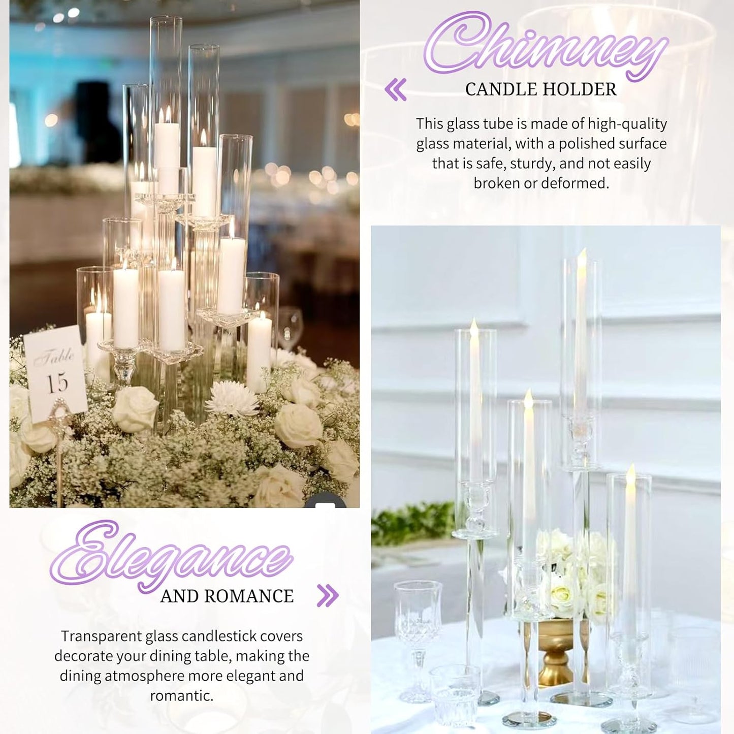 24 PCS Hurricane Candle Holder, 2.5" W x 14" H Open Ended Glass Candle Cylinder Sleeve, Clear Glass Cylinder Candle Holder, Open Flame Candle Chimney Tube Cover, Bottomless Cylindrical Glass